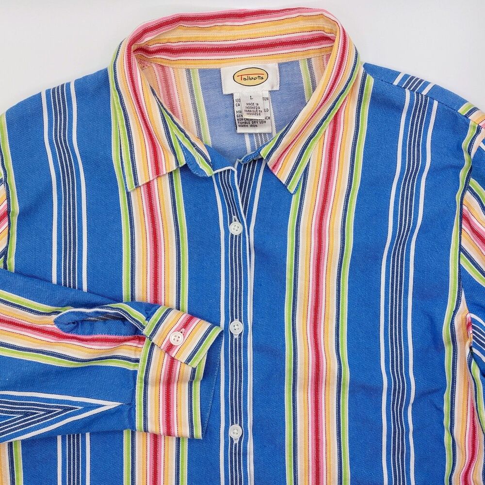 Talbots Multi-Color Striped Cotton Shirt Women's Large Button Up Long Sleeve